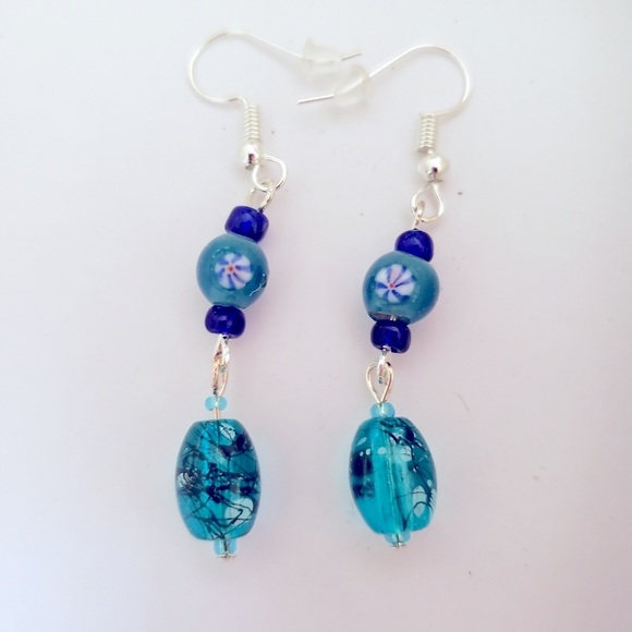 Artisan Crafted 1 1/4” Blue Floral Beads on Sterling Silver EarWires - Picture 1 of 3